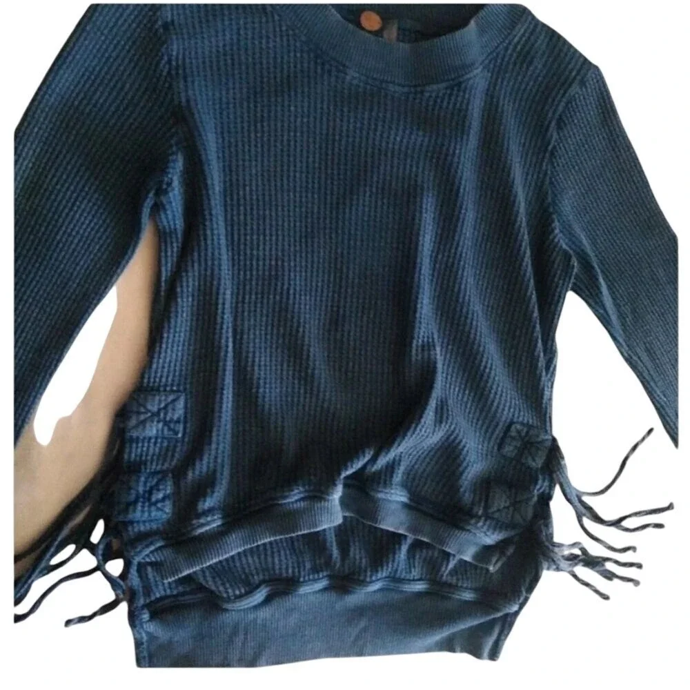 Free People FP One Blue Waffle Knit‎ Tunic Sweater Lace-Up Tie Sides S